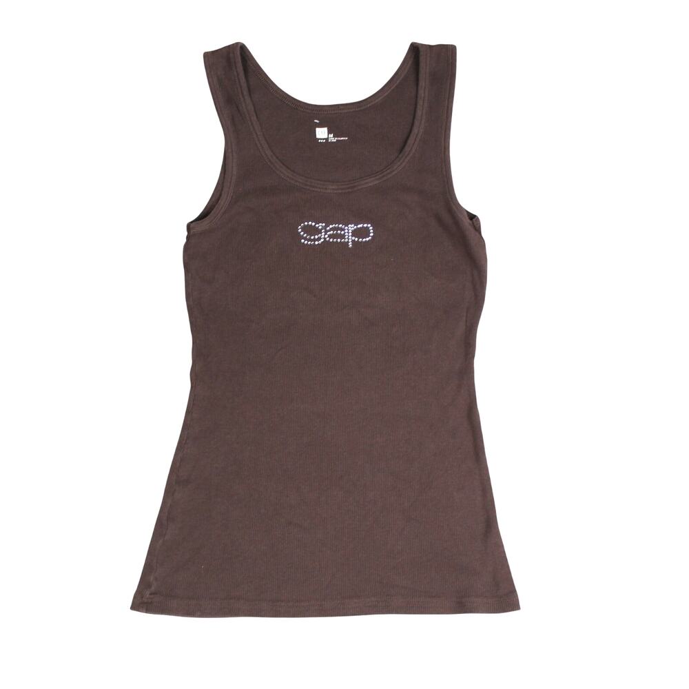 Y2K Gap Baby Tank Top Womens Medium Brown Ribbed Rhinestone Logo Fitted 2007